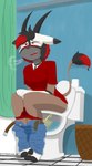 anthro bathroom belt belt_buckle black_body black_fur blush bodily_fluids bottomwear breasts brown_body brown_eyes brown_fur buckle butt clothed clothing denim denim_bottomwear denim_clothing female fur genital_fluids hair highlights_(coloring) hooves horn jeans open_mouth panties pants peeing red_hair shirt shower_curtain sitting smile solo t-shirt tail text toilet toilet_paper toilet_use tongue topwear trash_can underwear urine urine_stream watersports wetting white_body white_fur notmypornaccount juweel_(notmypornaccount) antelope bovid gemsbok grazing_antelope mammal oryx 2025 absurd_res digital_media_(artwork) hi_res lineless