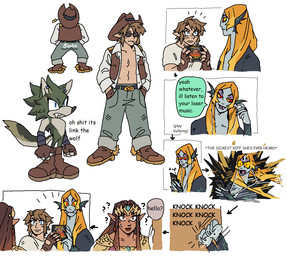 album belt blue_eyes bodily_fluids brown_eyes brown_hair clothed clothing cowboy_hat crown ear_piercing ear_ring earbuds electronics eyeliner eyewear fangs female fingernails fur gloves grey_body grey_fur grey_skin group hair handwear hat headgear headphones headwear knocking knocking_on_door leather leather_clothing leather_gloves leather_handwear light_body light_skin makeup male music nails open_mouth orange_hair phone piercing profanity question_mark red_eyes ring_piercing scar spurs sunglasses sunglasses_on_face surprised sweat sweatdrop tan_body tan_skin teeth text trio wheat_in_mouth yellow_sclera legendofdinner nintendo sega sonic_the_hedgehog_(series) the_legend_of_zelda twilight_princess link link_(wolf_form) midna midna_(true_form) princess_zelda human humanoid hylian mammal twili aliasing digital_media_(artwork) english_text