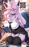 anthro bedroom_eyes big_breasts book breasts chest_tuft choker cleavage clothed clothing detailed_background dialogue eyewear female glasses hair inner_ear_fluff jewelry legwear librarian library long_hair narrowed_eyes necklace reading reading_book seductive slightly_chubby solo thigh_highs tuft uniform conditional_dnp teranen nintendo pokemon eeveelution espeon generation_2_pokemon pokemon_(species) hi_res