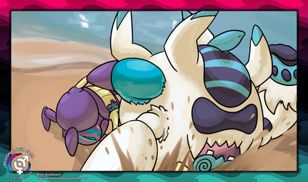 4_legs ambiguous_gender ambiguous_slit animal_genitalia antennae_(anatomy) beach black_body black_countershading blue_markings blue_penis border countershading duo erection feral fur genital_slit genitals holding_another male markings open_mouth penis pink_tongue purple_body sand size_difference spiral spiral_eyes striped_markings stripes suplex tan_antennae tan_body tan_countershading tan_markings text tongue tuft water white_body white_fur white_tuft duskguard nintendo pokemon arthropod crabominable crabrawler crustacean generation_7_pokemon pokemon_(species) absurd_res hi_res url watermark