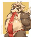 anthro asian_clothing belly brown_body brown_fur clothed clothing east_asian_clothing fundoshi fur japanese_clothing male moobs mostly_nude nipples one_eye_closed overweight overweight_anthro overweight_male simple_background solo standing topless underwear wink pandarita lifewonders tokyo_afterschool_summoners goemon_(tas) canid canine mammal raccoon_dog tanuki 2019 absurd_res hi_res portrait three-quarter_portrait