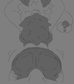 anthro bottomwear bulge clothing denim denim_bottomwear denim_clothing denim_shorts duo erection erection_under_clothing female grinding male male/female motion_lines oblivious question_mark shirt shorts speech_bubble tank_top topwear raewtf moth_(raewtf) arthropod insect lepidopteran moth black_and_white hi_res monochrome