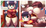 anthro big_breasts black_nose blue_eyes breasts butt clothing dialogue dumplings duo female fingers food front_view looking_at_viewer oral text aerth animal_crossing nintendo pekoe_(animal_crossing) bear human mammal 2022 absurd_res digital_media_(artwork) english_text hi_res