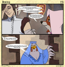 anthro asking asking_another bandage bandaged_arm beak border brown_hair clothed clothed_anthro clothed_female clothed_human clothed_male clothing conjoined_speech_bubble countershade_face countershade_fur countershading dialogue doorway eyebrows eyelashes eyes_closed feather_hands feathered_wings feathers female female_anthro fingers fur group hair headdress inside insignia kneeling light_body light_skin looking_at_another male male_human motion_lines nose_twitch on_model page_number pupils question raised_eyebrows shield shirt sitting smile snout speech_bubble standing stone_wall talking_to_another text title topwear trio wall_(structure) wall_decoration white_bandages white_clothing white_shirt white_topwear wimple winged_arms wings yellow_sclera sir_paulus disney robin_hood_(disney) lady_kluck maid_marian pavel_(sir_paulus) avian bird canid canine canis chicken fox galliform human mammal phasianid artist_name comic english_text hi_res