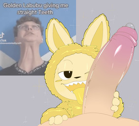 anthro blush blush_stickers bodily_fluids chest_tuft duo erection fur genital_fluids genitals glistening glistening_body gold_body hair humanoid_genitalia humanoid_penis interspecies licking light_body light_penis light_skin male male/male narrowed_eyes nude one_eye_closed open_mouth oral oral_only penile penis penis_lick precum sex sharp_teeth simple_background smile tan_penis teeth tongue tongue_out tuft yellow_body yellow_fur yellow_tongue woopyy 24_karat_gold_labubu_(meme) labubu_(toy) labubu_(character) animal_humanoid human humanoid labubu mammal absurd_res digital_media_(artwork) hi_res