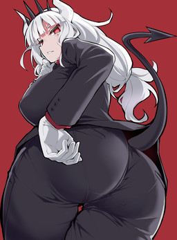 big_breasts big_butt breasts butt butt_pose clothing female gloves hair handwear looking_back low-angle_view not_furry panty_lines pose red_background red_eyes simple_background solo suit white_hair kure_masahiro helltaker lucifer_(helltaker) demon demon_humanoid humanoid hi_res