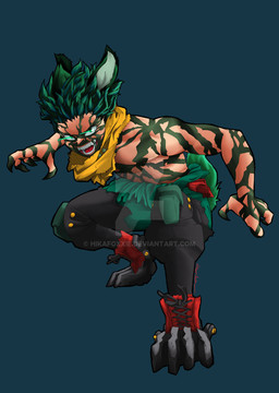 alternate_species claws clothed clothing footwear fur furgonomic_footwear furgonomics green_body green_ears green_eyes green_fur green_hair green_tail hair humanoidized male pale_skin scarf solo tail topless yellow_scarf hikafoxxie my_hero_academia izuku_midoriya humanoid hybrid lagomorph leporid mammal rabbit 2026 hi_res