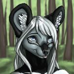 ambiguous_gender anthro black_nose blue_eyes day detailed_background eyebrows eyelashes forest grass hair outside plant solo tongue tree white_hair taterhoney enya_(littlemutt) african_wild_dog canid canine mammal 1:1 2019 digital_media_(artwork) headshot_portrait portrait