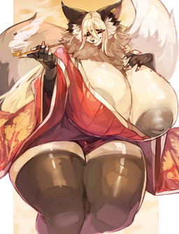 absolute_territory anthro areola areola_slip asian_clothing big_areola big_breasts big_tail black_areola black_body black_clothing black_fur black_legwear black_nipples black_sclera black_stockings blush bodily_fluids breasts brown_areola clothing curvy_figure east_asian_clothing eyelashes female fluffy fluffy_tail fur glistening glistening_breasts glistening_thighs half-closed_eyes hand_on_breast huge_breasts huge_tail huge_thighs inverted_nipples japanese_clothing kemono kimono kiseru legwear looking_at_viewer markings mature_anthro mature_female mole_(marking) mole_on_breast narrowed_eyes neck_tuft nipples one_breast_out pose pupils red_clothing red_eyes red_kimono red_pupils simple_background sitting small_head smoking_pipe solo spiral_blush stockings tail tan_body tan_fur thick_thighs tiny_head tuft voluptuous voluptuous_anthro voluptuous_female wet wet_clothing white_body white_fur wtgn_grim canid canine fox fox_spirit mammal 2025 absurd_res colored digital_drawing_(artwork) digital_media_(artwork) hi_res