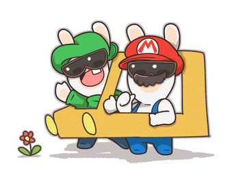 anthro arms_bent backwards_hat black_eyewear black_facial_hair black_mustache black_sunglasses blue_clothing blue_overalls clothed clothed_anthro clothed_male clothing duo eyewear facial_hair flower fully_clothed fully_clothed_anthro fully_clothed_male fur gesture green_clothing green_hat green_headwear green_shirt green_topwear grey_outline hand_gesture hand_pawpads hat headgear headwear light long_ears male male_anthro mitten_hands mustache noseless open_mouth open_smile outline overalls pawpads pink_tongue plant pointing pointing_at_self red_clothing red_flower red_hat red_headwear shirt shirtless_anthro shirtless_male simple_background smile smiling_at_viewer standing straight_legs sunglasses tan_body tan_inner_ear tan_pawpads tan_skin teeth thumbs_up tongue topwear waving waving_at_viewer white_background white_body white_fur charisuke mario_bros mario_plus_rabbids_kingdom_battle mario_plus_rabbids_sparks_of_hope nintendo raving_rabbids rayman_(series) ubisoft rabbid_luigi rabbid_mario lagomorph mammal rabbid 2023 cel_shading colored crossover digital_drawing_(artwork) digital_media_(artwork) hi_res japanese_description lighting shaded