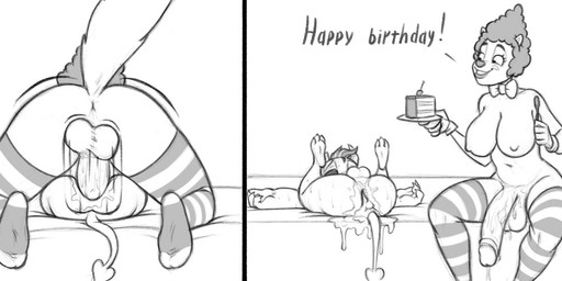 after_sex anal anal_penetration anthro anus balls bed birthday birthday_cake bodily_fluids breasts broken_horn cake clothing clown cum cum_in_ass cum_inside cutlery dessert dialogue dominant duo ear_piercing ear_ring erection femboy first_person_view food footwear foreskin fork from_front_position furniture gaping gaping_anus genital_fluids genitals gloves gynomorph gynomorph/male gynomorph_on_bottom gynomorph_penetrating gynomorph_penetrating_male handwear happy_birthday horn humanoid_genitalia humanoid_penis humanoid_pointy_ears intersex intersex/male intersex_on_bottom intersex_penetrating intersex_penetrating_male kitchen_utensils larger_dom larger_gynomorph larger_intersex legs_back legs_up legwear licking licking_lips lube lube_bottle lying male male_penetrated mating_press navel nipples on_back on_bed on_bottom pattern_clothing pattern_footwear pattern_legwear pattern_socks penetration penile penile_penetration penis penis_in_ass piercing plate pointy_ears retracted_foreskin ring_piercing sex simple_background sitting size_difference smaller_male socks spread_legs spreading striped_clothing striped_footwear striped_socks stripes text thigh_highs thigh_socks tongue tongue_out tools white_background y_anus kostos_art deedee_(kostos_art) imp mammal mephitid skunk black_and_white comic digital_media_(artwork) english_text hi_res monochrome