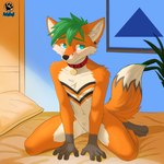 anthro bed bedroom blush carpet collar furniture green_eyes green_hair hair kneeling male paws picture_frame pillow plant short_hair shy solo stripes netiscraft canid canine fox mammal 1:1 full-length_portrait hi_res portrait