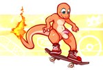 3_fingers abstract_background anthro balls band-aid bandage blue_eyes bruised clothing countershading fingers fire flaccid flaming_tail footwear footwear_only genitals humanoid_genitalia humanoid_penis male mostly_nude motion_lines navel orange_body penis pink_eyes shoes shoes_only simple_background skateboard skateboarding smile sneakers solo tail vehicle lonelycharart nintendo pokemon charmander generation_1_pokemon pokemon_(species) 2022 cel_shading digital_drawing_(artwork) digital_media_(artwork) hi_res shaded