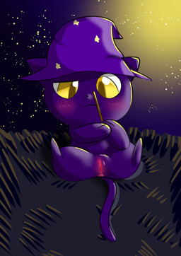 anus cat_tail clothing female feral genitals grass_field hat headgear headwear magic_wand night purple_body smile solo star vulva wizard_hat yellow_eyes olihai felid mammal absurd_res hi_res
