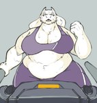 anthro belly big_breasts bodily_fluids breasts cleavage clothed clothing curvy_figure exercise female floppy_ears fur horn huge_breasts mature_anthro mature_female open_mouth overweight overweight_anthro overweight_female simple_background solo sweat sweatdrop treadmill voluptuous white_body white_fur wide_hips 33millionsnails undertale undertale_(series) toriel boss_monster_(undertale) bovid caprine mammal