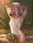 anthro female flower jewelry light light_beam looking_at_viewer plant purple_eyes sitting sitting_on_ground solo stretching sunbeam sunlight almatea mary_(bloopertrooper) equid equine horse icelandic_horse mammal hi_res