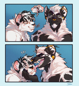 anthro anthro_on_anthro black_body black_fur duo ear_piercing face_lick facial_hair facial_piercing fur gauged_ear grey_eyes grin hair industrial_piercing jewelry kissing kissing_cheek licking licking_lips licking_mouth lip_piercing male male/male mane mane_hair mature_male mouth_shot nose_piercing open_mouth orange_eyes piercing pursed_lips scruffy simple_background smile snakebite_piercing teeth tongue tongue_out tuft tufted_fur white_body white_fur icdraws lio_(hokkqi) zima felid hyena lion mammal pantherine absurd_res comic hi_res father_(lore) father_and_child_(lore) father_and_son_(lore) incest_(lore) parent_(lore) parent_and_child_(lore) parent_and_son_(lore) son_(lore)