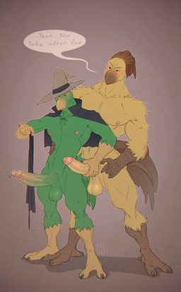 anthro anthro_on_anthro arms_bent bent_arm biceps big_penis blush bridle cape clothed clothed/nude clothed_male clothing comparing comparing_penis dialogue duo erection feathers foreskin genitals glans hand_on_hip hand_on_leg hand_on_own_hip hand_on_own_leg hand_on_own_thigh hand_on_penis hand_on_thigh handjob hat headgear headwear hip_grab holding_hips holding_leg holding_thigh humanoid_genitalia humanoid_penis irony long_penis male male/male muscular muscular_male nipples nude partially_clothed partially_retracted_foreskin pecs penile penis penis_grab sex short_story size_difference speech_bubble standing straight_legs text undressing vein wide_stance wizard_hat kazushi bacent final_fantasy square_enix mordecai_(greeneyedt) zzyzx_rhyde avian chocobo english_text hi_res story story_in_description brother_(lore) brothers_(lore) incest_(lore) sibling_(lore)