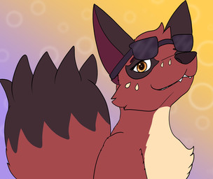 amber_eyes ambiguous_gender brown_body brown_fur chest_tuft dipstick_tail eyewear eyewear_on_head fur glasses glasses_on_head gradient_background head_tuft looking_at_viewer markings pattern_background red_body red_fur simple_background smile solo tail tail_markings tan_body tan_fur teeth tuft tastytales nintendo pokemon generation_8_pokemon nickit pokemon_(species) 2022 hi_res