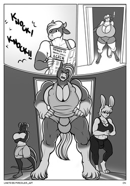 anthro big_breasts biped breasts clothed clothing exclamation_point female group gynomorph hooves horn huge_breasts hyper hyper_breasts intersex newspaper solo tail text trio freckles_(artist) almond_(freckles) beef_cattle bovid bovine cattle equid equine hereford_cattle horse lagomorph leporid mammal murid murine rabbit rat rodent comic english_text hi_res monochrome