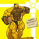 abs anthro armor big_muscles big_tail birthday_gift black_clothing bracers brown_body brown_countershading clothing countershading deltoids forearms gift grin huge_muscles hyper hyper_muscles latissimus_dorsi male manly markings muscular obliques one_eye_closed pecs quads red_clothing smile solo spikes spots spotted_body swimming_cap tail trapezius vein veiny_muscles yellow_body yellow_clothing plain_white kiltio_(kuroma) 1:1