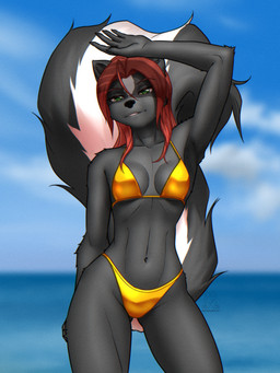 5_fingers abs anthro big_tail bikini bikini_only black_body black_fur black_nose blurred_background breasts butt butt_from_the_front claws clothed clothed_anthro clothed_female clothing cocked_hip collarbone eyebrow_through_hair eyebrows facial_markings female female_anthro finger_claws fingers fluffy fluffy_tail forehead_markings front_view fur glistening glistening_bikini glistening_clothing glistening_swimwear gold_bikini green_eyes hair head_markings light looking_at_viewer markings medium_breasts medium_hair midriff multicolored_tail navel red_eyebrows red_hair reflective_clothing sea shielding_eyes skinny_anthro skinny_female sky small_waist smile smiling_at_viewer solo sunlight swimwear tail text translucent translucent_hair two-piece_swimsuit under_boob ventral_groove water mykegreywolf golden_week kim_(mykegreywolf) mammal mephitid skunk striped_skunk 2025 3:4 absurd_res alternate_version_at_paywall dated digital_media_(artwork) digital_painting_(artwork) hi_res painting_(artwork) portrait three-quarter_portrait url