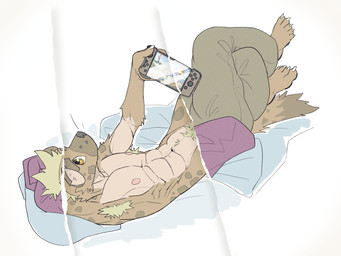 abs anthro armpit_hair body_hair lying male muscular muscular_male on_back pecs pubes simple_background solo white_background dama624 nintendo nintendo_switch hyena mammal