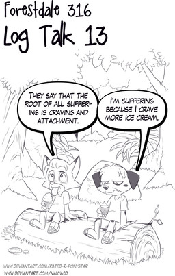 anthro barefoot bottomwear clothing dessert dialogue duo feet food ice_cream log male plant rock shirt shorts speech_bubble text topwear tree wood nauyaco forestdale dallas_burnside_(forestdale) kyle_kendricks_(forestdale) canid canine canis dalmatian domestic_dog fox mammal 2025 comic english_text hi_res url