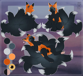 animal_genitalia animal_vulva black_body black_fur canine_genitalia canine_vulva female feral fur genitals multi_tail nipples orange_body orange_fur solo tail vulva white_body white_fur pixelflare canid canine fox mammal digital_drawing_(artwork) digital_media_(artwork) hi_res model_sheet