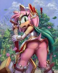 alternate_costume anthro bottomless clothed clothing cloud detailed_background eyelashes female fingers genitals green_eyes innie_pussy looking_at_viewer looking_back looking_back_at_viewer looking_down looking_down_at_viewer low-angle_view open_mouth outside pussy rear_view solo upskirt drxsmokey sega sonic_the_hedgehog_(series) amy_rose paladin_amy eulipotyphlan hedgehog mammal 2022 digital_media_(artwork)