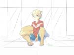 anthro blonde_hair blue_eyes claws hair male simple_background solo spread_legs spreading young young_male mooco_(artist) canid canine canis domestic_dog fox mammal 4:3 hi_res