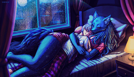 anthro bed bedroom big_breasts biped blinking blue_body blue_fur blue_hair bottomwear breasts breathing city clothed clothed_anthro clothed_female clothed_human clothed_male clothing cuddling duo eyes_closed female fingers fluffy fluffy_tail fur furniture grey_hair hair happy head_on_chest human_on_anthro humanoid_hands inside interspecies lamp larger_anthro larger_female light long_hair looking_at_another male male/female moon moonlight night on_bed pants pattern_bottomwear pattern_clothing pattern_pants pillow pink_bottomwear pink_clothing pink_shirt pink_shorts pink_topwear plaid plaid_bottomwear plaid_clothing plaid_pants raining romantic romantic_ambiance romantic_couple shirt short_hair shorts size_difference smaller_human smaller_male smile sparkles tail text topwear white_clothing white_shirt white_topwear window sogemaji canid canine canis human mammal wolf 2026 animated artist_name colored digital_media_(artwork) loop pixel_(artwork) shaded