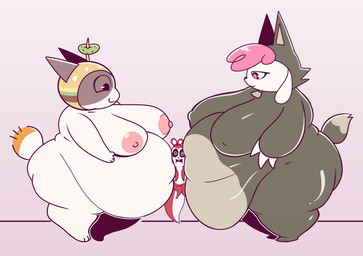 anthro belly belly_squish big_belly big_breasts breasts canon_couple clothing costume female fur furry_wearing_fursuit fursuit group hair male male/female morbidly_obese nipples obese obese_anthro obese_female overweight overweight_anthro overweight_female pink_hair simple_background squish tail thick_thighs trio white_body weirdocat chikn_nuggit cheezborger_(chikn_nuggit) cofi_(chikn_nuggit) hawt_saus_(chikn_nuggit) bovid calico_cat caprine domestic_cat felid feline felis mammal rodent sciurid sheep tree_squirrel 2025 digital_drawing_(artwork) digital_media_(artwork) hi_res