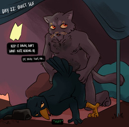 age_difference anal anal_penetration anthro beard clothing duo facial_hair feathers green_body hat headgear headwear homeless male male/male older_male penetration quiet_sex tail tail_feathers tent text text_box whiskers demilittleguy night_in_the_woods bruce_(nitw) germ_warfare_(nitw) avian bird domestic_cat felid feline felis mammal english_text hi_res