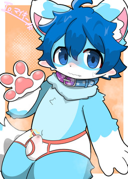 anthro belly blue_belly blue_body blue_eyes blue_fur blue_hair blush blush_lines bodily_fluids briefs bulge chibi clothed clothing collar countershading crotch_lines cute_fangs embarrassed fangs fur genital_fluids genitals gesture hair kemono leaking_precum looking_at_viewer male navel penis precum red_seam_briefs shy simple_background solo squiggle_mouth tail teeth underwear underwear_only waving waving_at_viewer white_briefs white_clothing white_underwear mujimuji1010 mikey_(mikey_fox) canid canine fox mammal absurd_res hi_res