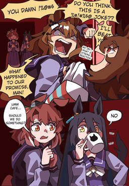 2_panel_comic angry black_hair bottomwear brown_hair clothed clothed_female clothed_humanoid clothing container cup dialogue drinking female fist group hair holding_container holding_cup holding_mug holding_object mug open_mouth orange_eyes pleated_skirt pointy_speech_bubble red_eyes school_uniform skirt speech_bubble tail tail_motion tailwag teeth text uniform yelling yellow_eyes notus49 cygames uma_musume_pretty_derby agnes_tachyon_(pretty_derby) dantsu_flame_(pretty_derby) jungle_pocket_(pretty_derby) manhattan_cafe_(pretty_derby) animal_humanoid equid equid_humanoid equine equine_humanoid horse_humanoid humanoid mammal mammal_humanoid comic english_text hi_res