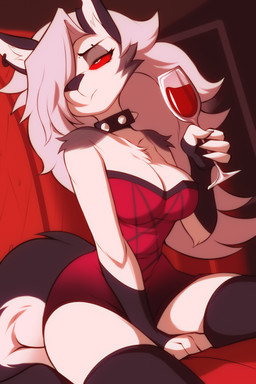 anthro breasts cleavage clothed clothing collar container cup dress drinking_glass female fingerless_gloves fluffy fluffy_tail front_view fur glass glass_container glass_cup gloves grey_body grey_fur hair hair_over_eye handwear red_clothing red_dress solo spiked_collar spikes tail white_body white_fur wine_glass wildblur hellaverse helluva_boss mythology loona_(helluva_boss) canid canid_demon canine demon hellhound mammal mythological_canine mythological_creature hi_res