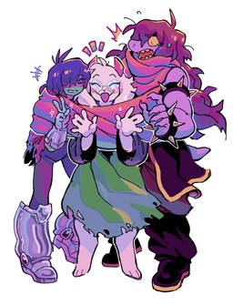 anthro armor blue_body blue_hair clothing female fur green_clothing group hair male purple_body purple_clothing purple_hair scarf simple_background trio white_background white_body white_fur yellow_sclera notnaruse deltarune undertale_(series) kris_dreemurr ralsei susie_(deltarune) darkner human mammal scalie 2025 absurd_res hi_res