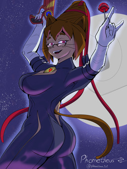 anthro breasts butt candy clothed clothing cosplay crossover_cosplay dessert eyewear female food fully_clothed glasses gloves goggles gun hair handwear lollipop moon night ranged_weapon simple_background solo tail weapon phometheuss bayonetta gameoverse glitch_productions platinumgames kit_bodega felid feline mammal 3:4 absurd_res crossover digital_drawing_(artwork) digital_media_(artwork) hi_res