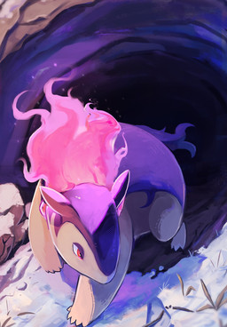 all_fours ambiguous_gender den feral fur grass multicolored_body plant purple_body purple_fur red_eyes snow solo two_tone_body chufflepop nintendo pokemon generation_8_pokemon hisuian_form hisuian_typhlosion pokemon_(species) regional_form_(pokemon) 2025 hi_res