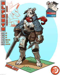 5_fingers 5_toes ambiguous_gender anthro armor belt belt_pouch black_body black_fur black_nails blue_eyes bottomwear clothed clothing colored_nails cuirass dagger dual_wielding feet fingerless_gloves fingers footwear fur gloves greaves grey_hair hair hair_bun handwear headgear helmet holding_dagger holding_melee_weapon holding_object holding_sword holding_weapon humanoid_feet looking_at_viewer markings melee_weapon nails oversized_clothing pants plantigrade plate_armor pouch_(clothing) scarf solo spots spotted_body spotted_fur standing stats sword tail toeless_footwear toes vambrace weapon white_body white_fur ceehaz dog_knight_rpg canid canine canis dalmatian domestic_dog mammal 2026 4:5 absurd_res hi_res