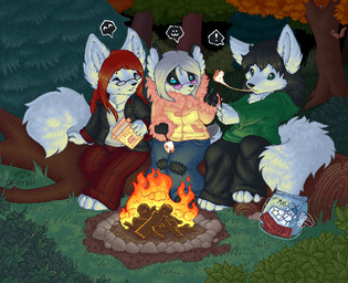 :3 ^_^ anthro blue_eyes camping candy chibi chocolate clothing dessert detailed_background dialogue exclamation_point eyes_closed eyewear female fire food forest glasses green_eyes group hoodie log male marshmallow outside plant roasting_marshmallow s'more sitting smile stick tail text topwear tree wood hush-a-bye canid canine fox mammal unknown_species english_text