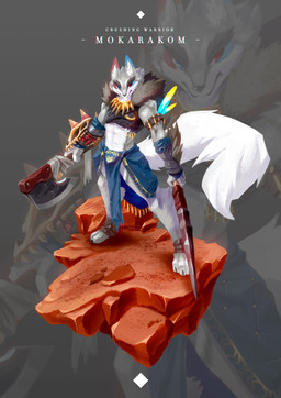 abs anthro axe biped blowup_background blue_ears blue_eyes bottomwear clothing digitigrade dual_wielding fluffy fluffy_tail fur grey_body grey_ears grey_fur heterochromia holding_object holding_weapon loincloth long_tail male melee_weapon multicolored_body multicolored_ears multicolored_fur red_ears red_eyes simple_background solo standing tail text weapon white_body white_fur white_tail agitype01 mokarakom canid canine canis mammal wolf 2019 absurd_res digital_media_(artwork) english_text full-length_portrait hi_res portrait