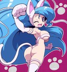 5_fingers blue_hair blush breasts butt female fingers fur green_eyes hair light_body light_skin long_hair looking_at_viewer one_eye_closed open_mouth open_smile simple_background smile solo tail white_body white_fur wink nollety capcom darkstalkers felicia_(darkstalkers) animal_humanoid felid felid_humanoid feline feline_humanoid humanoid mammal mammal_humanoid signature