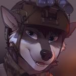 anthro armor black_nose blue_eyes brown_hair camo fur grey_body grey_fur hair headgear helmet looking_at_viewer male military night_vision_goggles smile solo teeth white_body white_fur koul joe_(physicswolf) canid canine canis mammal wolf 1:1 2019 icon