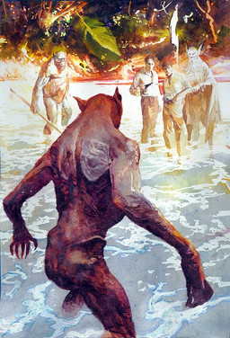 ambiguous_gender anthro bottomwear claws clothed clothing forest fur group gun handgun loincloth male melee_weapon nude partially_clothed partially_submerged pistol plant polearm ranged_weapon solo spear tree water weapon bill_sienkiewicz island_of_dr_moreau ape haplorhine humanoid hybrid mammal primate unknown_species