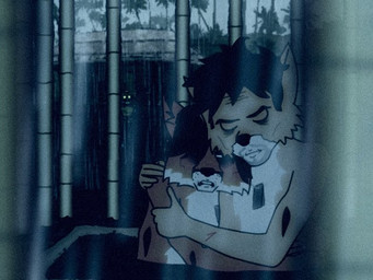 ambiguous_gender anthro bamboo black_hair black_nose dog_tags eyes_closed fur glowing glowing_eyes group hair hug male military multicolored_body multicolored_fur outside raining scared wounded fredryk_phox fredryk_phox_(character) annelid canid canine fox leech mammal 2006 4:3 archived_source