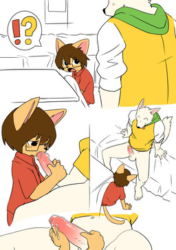 age_difference anthro anthro_on_anthro anthro_penetrated anthro_penetrating anthro_penetrating_anthro balls barefoot bed biped bodily_fluids bottomless censored_genitalia censored_penis close-up clothed clothing cute_fangs dominant duo erection eyewear fangs feet fellatio furniture genital_fluids genitals glasses handjob hoodie humanoid_genitalia humanoid_penis interrobang interspecies kotatsu larger_dom larger_male male male/male male_penetrated male_penetrating male_penetrating_male navel older_male open_mouth oral oral_penetration penetration penile penis precum rear_view sex shirt side_view sitting size_difference smaller_male smaller_penetrated stare surprised table teeth tongue tongue_out topwear young young_anthro young_male younger_male younger_penetrated manmosu_marimo shota_feline_(marimo) white_canine_(marimo) canid canine canis domestic_cat domestic_dog felid feline felis mammal 2016 censored comic digital_media_(artwork)