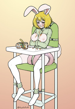 ageplay anthro averting_eyes baby_food bdsm blonde_hair blush bodily_fluids bondage bound breasts brown_eyes cleavage_cutout clothing container cutlery cutout diaper embarrassed exposed_breasts feces female food food_on_breasts food_on_face fur hair handwear high_chair infantilism jar kitchen_utensils legwear messy_eater nipples pink_diaper puffed_tail restraints roleplay simple_background sitting soiled_diaper soiling solo spoon stockings straitjacket tears thigh_highs tools unclean_diaper used_diaper white_body white_fur floofnfluff one_piece carrot_(one_piece) animal_humanoid humanoid lagomorph lagomorph_humanoid mammal mammal_humanoid minkmen_(one_piece) absurd_res hi_res