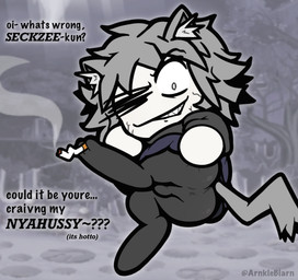 age_difference anthro black_clothing black_legwear black_tights bulge bulge_from_behind butt butt_focus chibi cigarette clothing dialogue feet glistening glistening_butt grey_body grey_hair grey_skin hair holding_object_with_feet legwear male older_male one_eye_closed sharp_teeth short_stack smile smiling_at_viewer solo speech_bubble spread_butt spreading sweater tail teeth tights topwear arnkleblarn melty_blood tsukihime type-moon neco-arc neco-arc_chaos felid feline humanoid hybrid mammal absurd_res hi_res meme